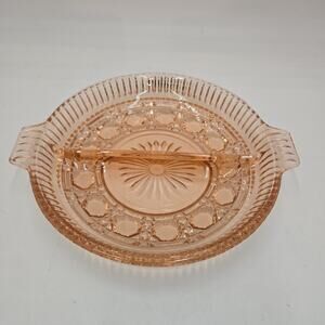 Vintage Indiana pink depression glass Windsor Buttons & Cane divided relish dish